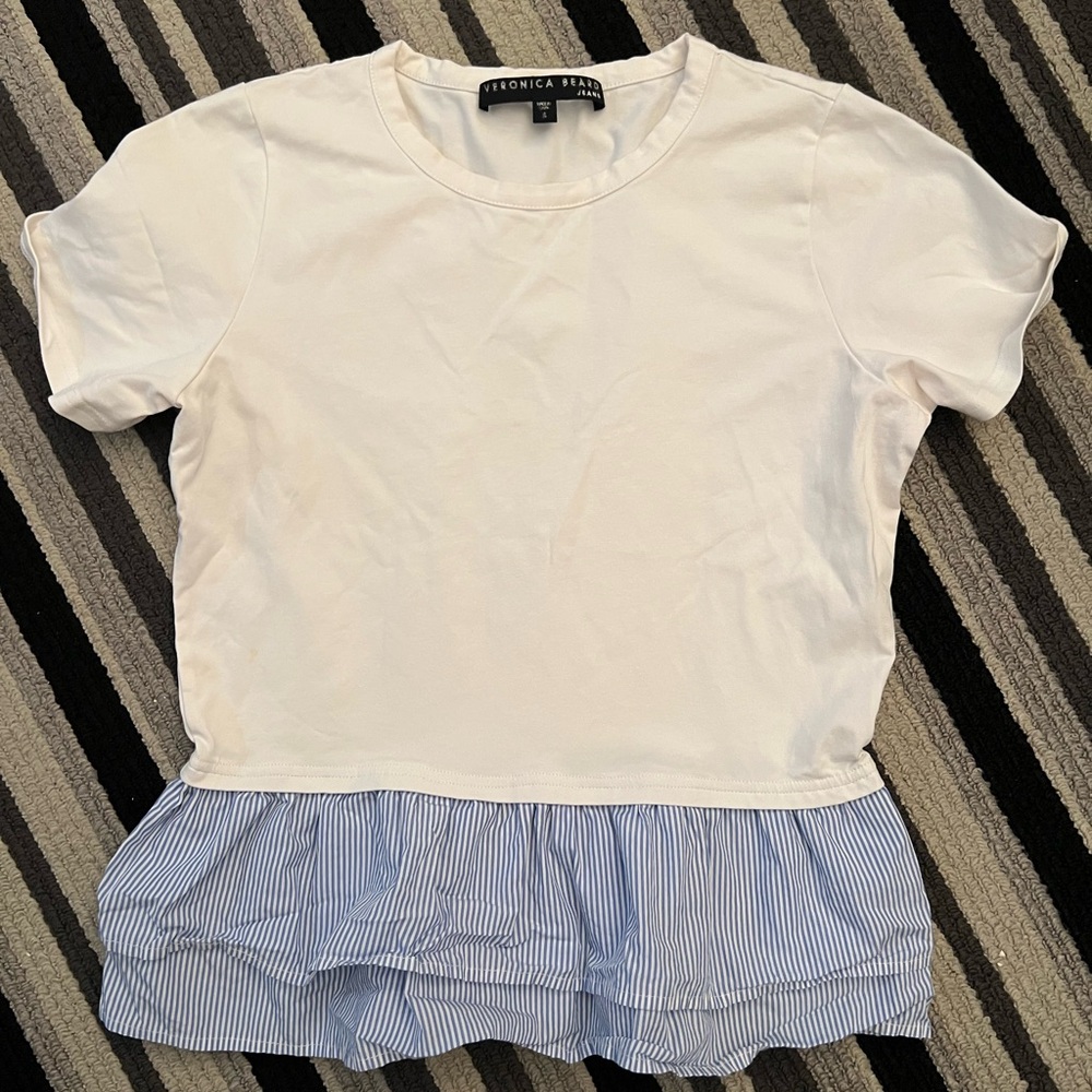 Veronica Beard Kids White Top with Blue Striped Hem